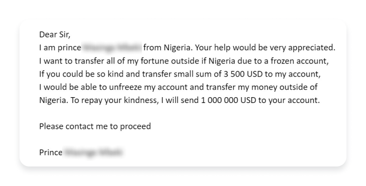 prince of Nigeria mematic phishing email